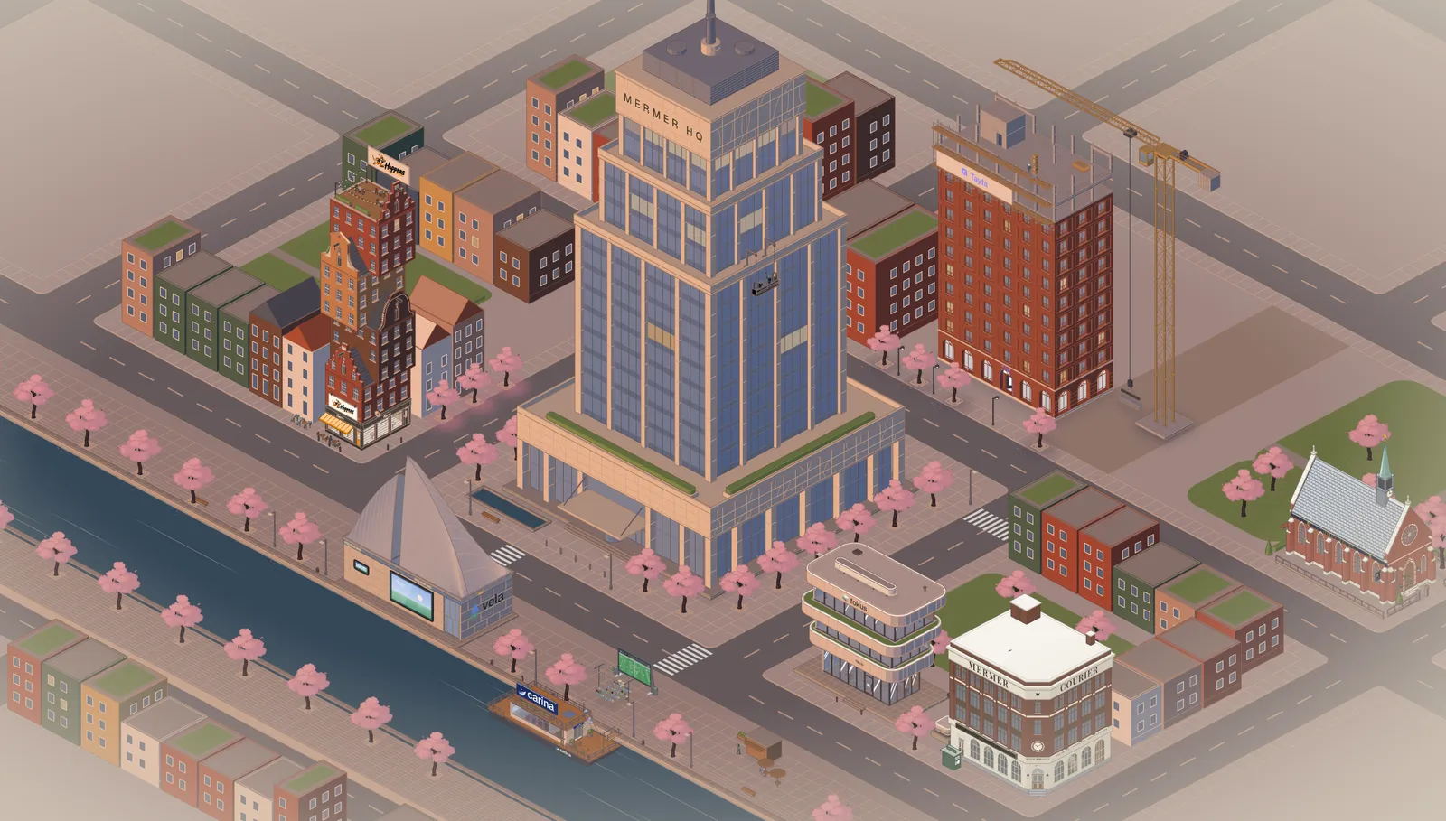 Isometric view of mermer.city: a glass HQ tower, brick houses, a canal and a building under construction with a crane.