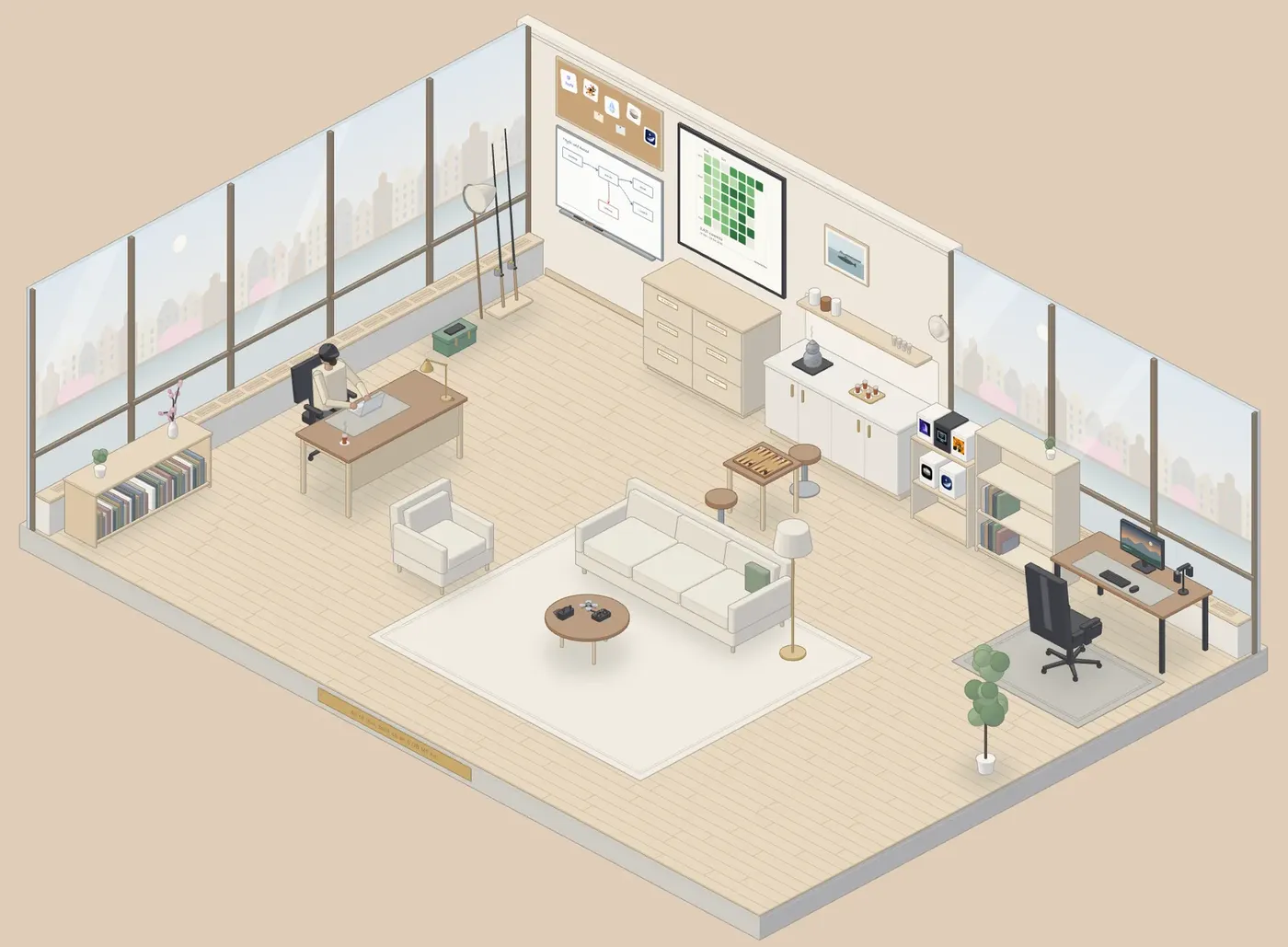 Isometric office interior with two desks, a sofa, shelves and a pixel painting on the wall