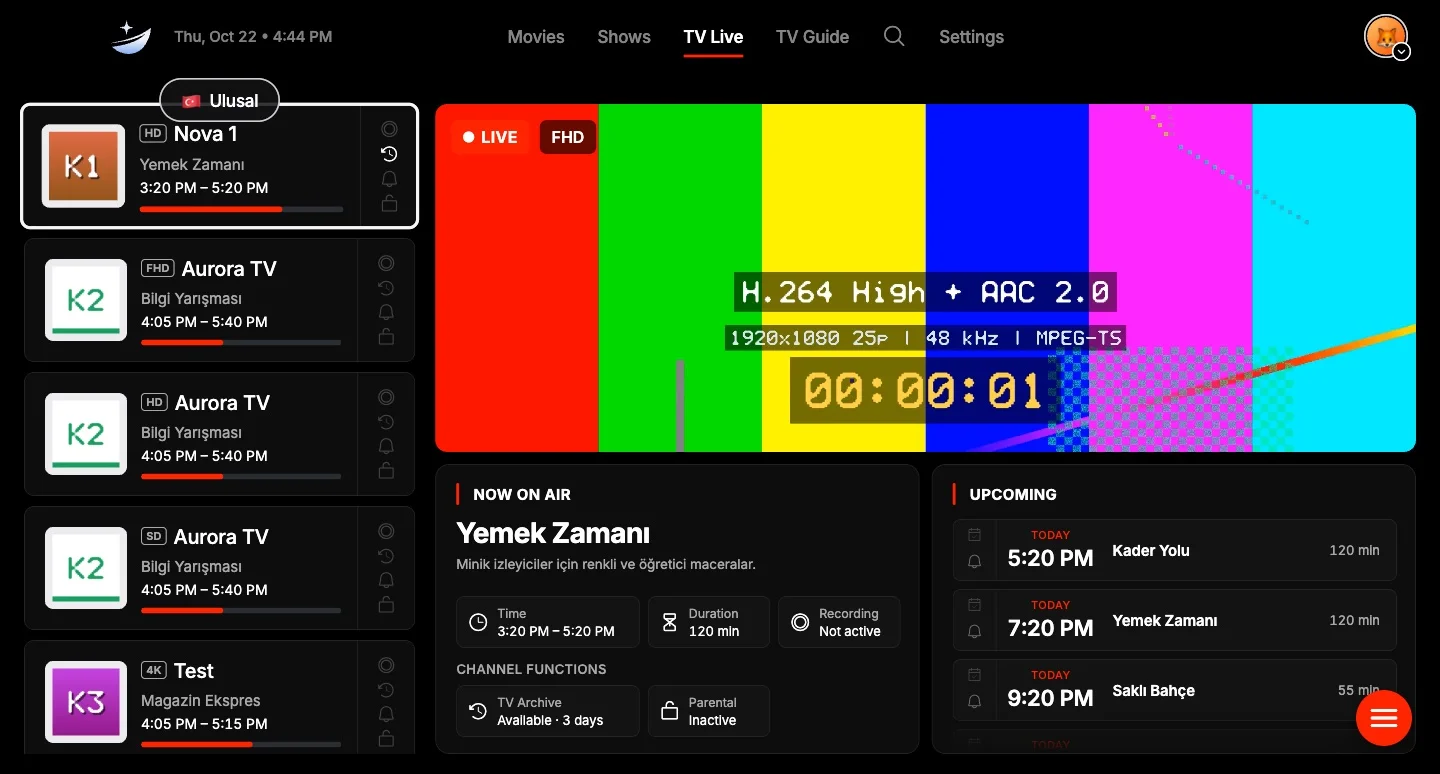 Carina’s TV Live screen: a channel list on the left, a colour test pattern playing in the middle, and now-on-air and upcoming panels below.