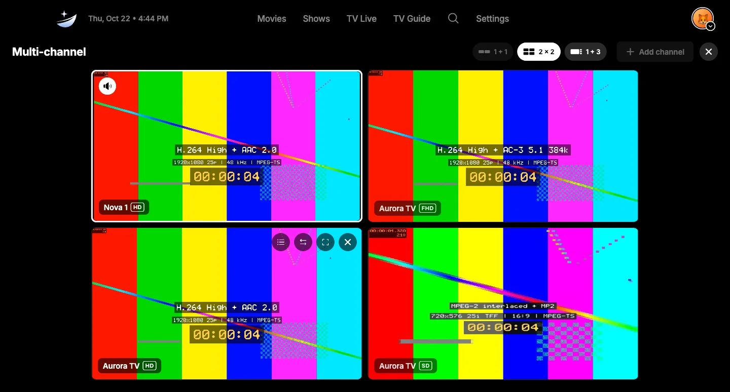 Four test patterns playing at once in a two-by-two grid, with the picked tile outlined.