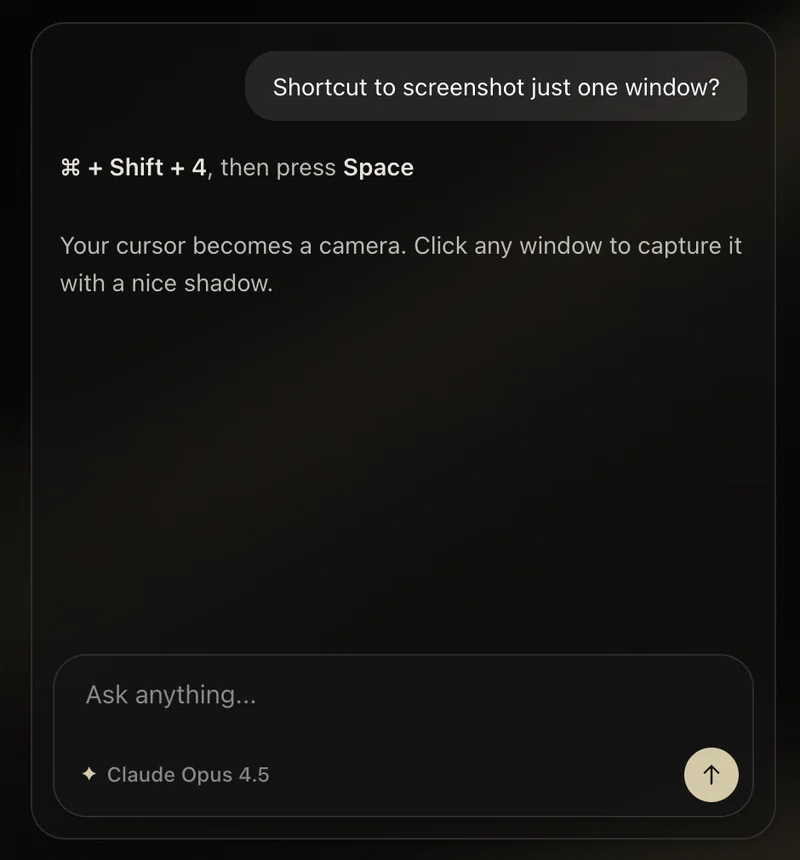The fokus command bar after a question, Shortcut to screenshot just one window?, with the answer and an Ask anything field set to Claude Opus 4.5.