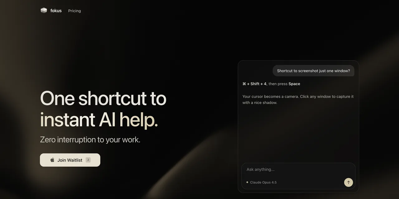 The fokus.to home page: the headline One shortcut to instant AI help, a Join Waitlist button and, beside them, the command bar answering a question about screenshots.