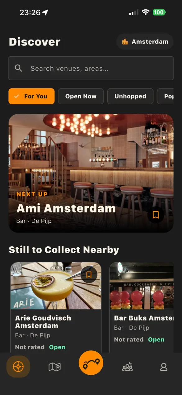 The Discover screen with filters and a large card for the next bar to collect.
