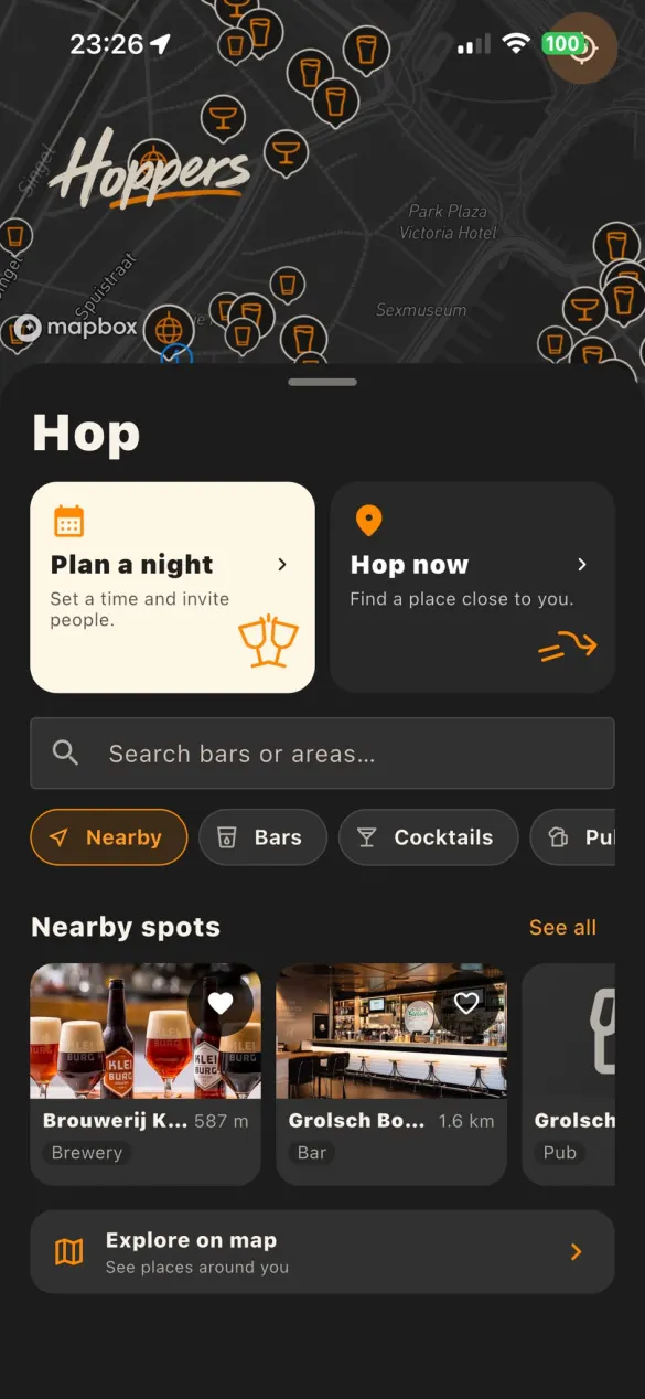 The Hop screen: the map with bar pins above, and Plan a night, Hop now and nearby spots below.