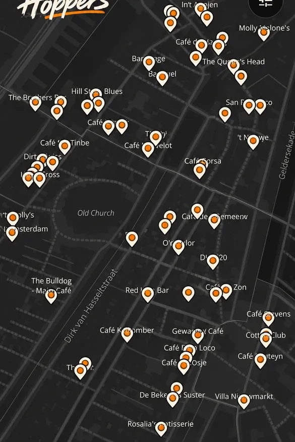 The Hoppers map in dark mode: orange pins for bars and cafés in De Pijp, grouped street by street, with the Hoppers wordmark at the top.