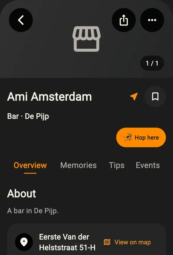 Hoppers’ venue page for Ami Amsterdam, a bar in De Pijp, with a Hop here button and tabs for overview, memories, tips and events.