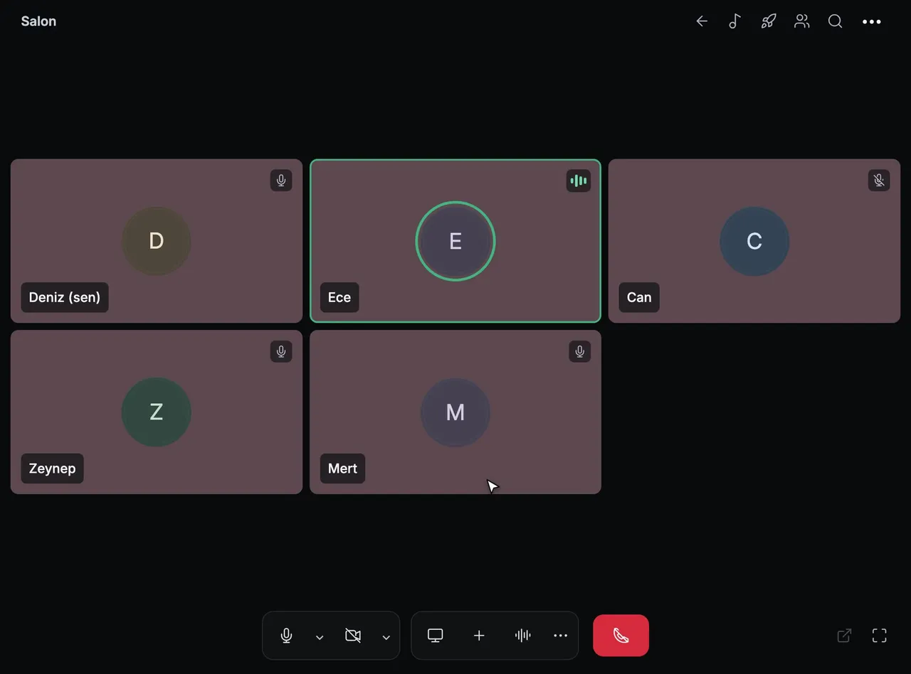 A Tayfa voice room: five friends in a grid of tiles, the one speaking outlined in green.